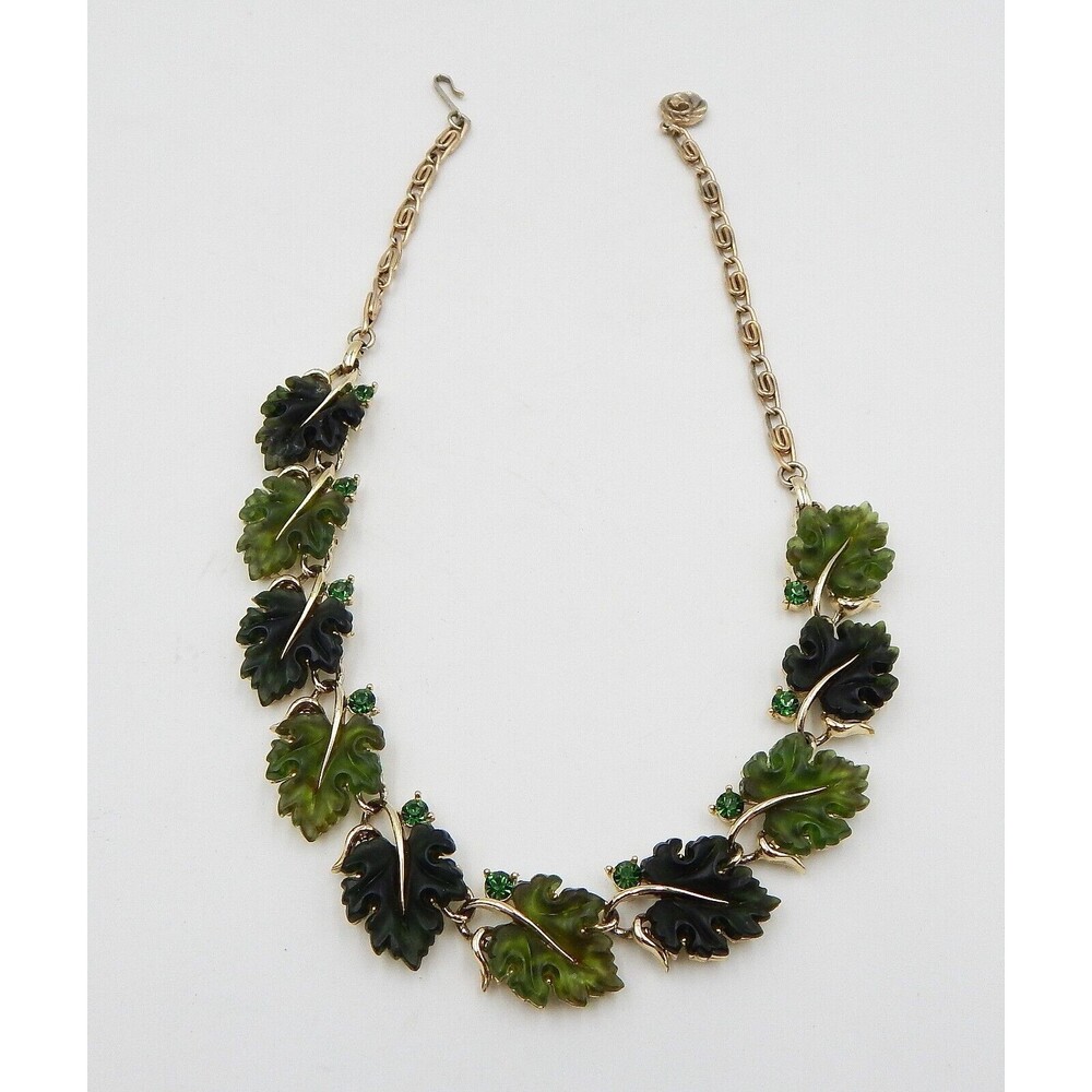 Lisner Oak Leaf Green Necklace Jelly Lucite Rhinestone Two Tone Molded Signed